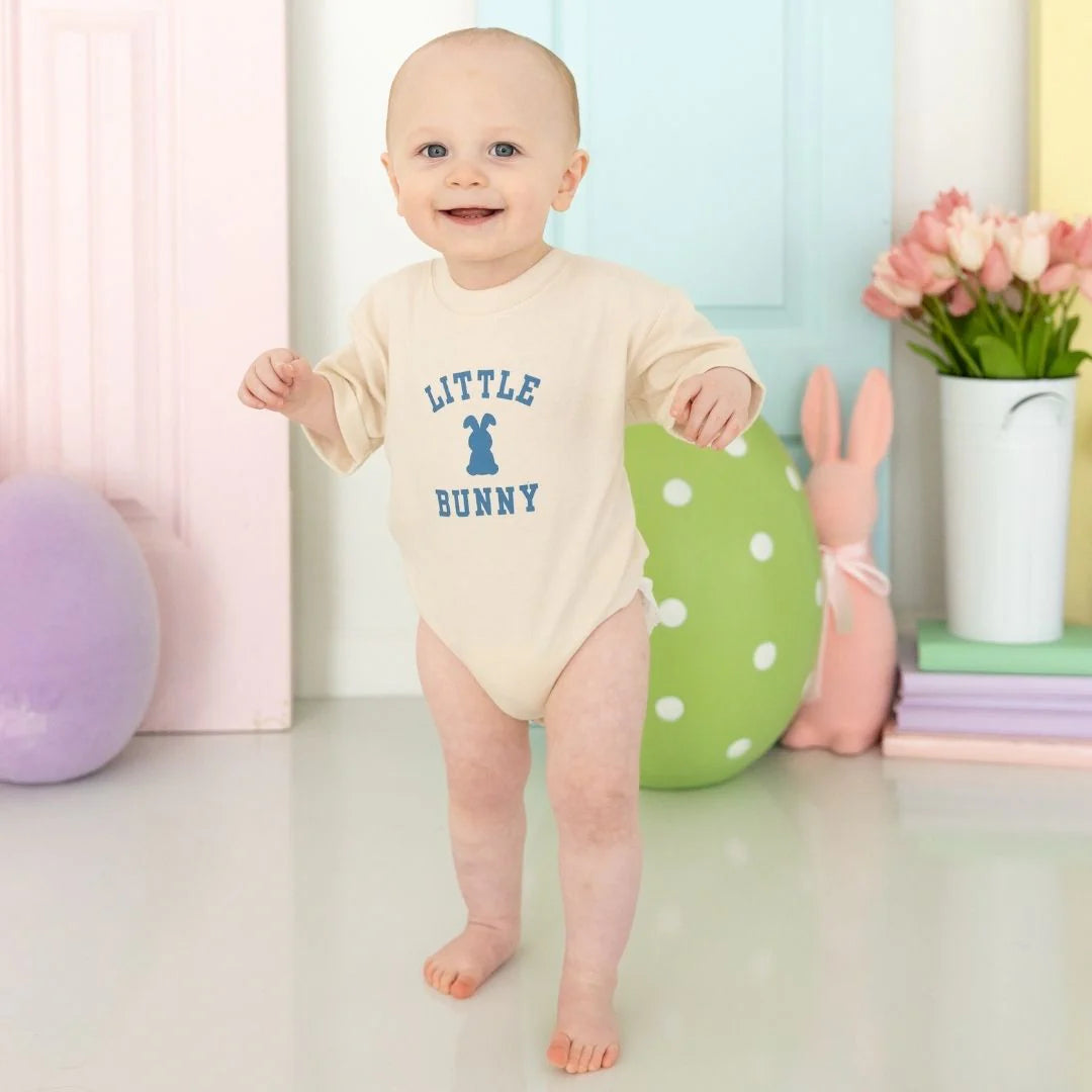 Little Bunny Steel Blue Easter Short Sleeve Romper - Natural