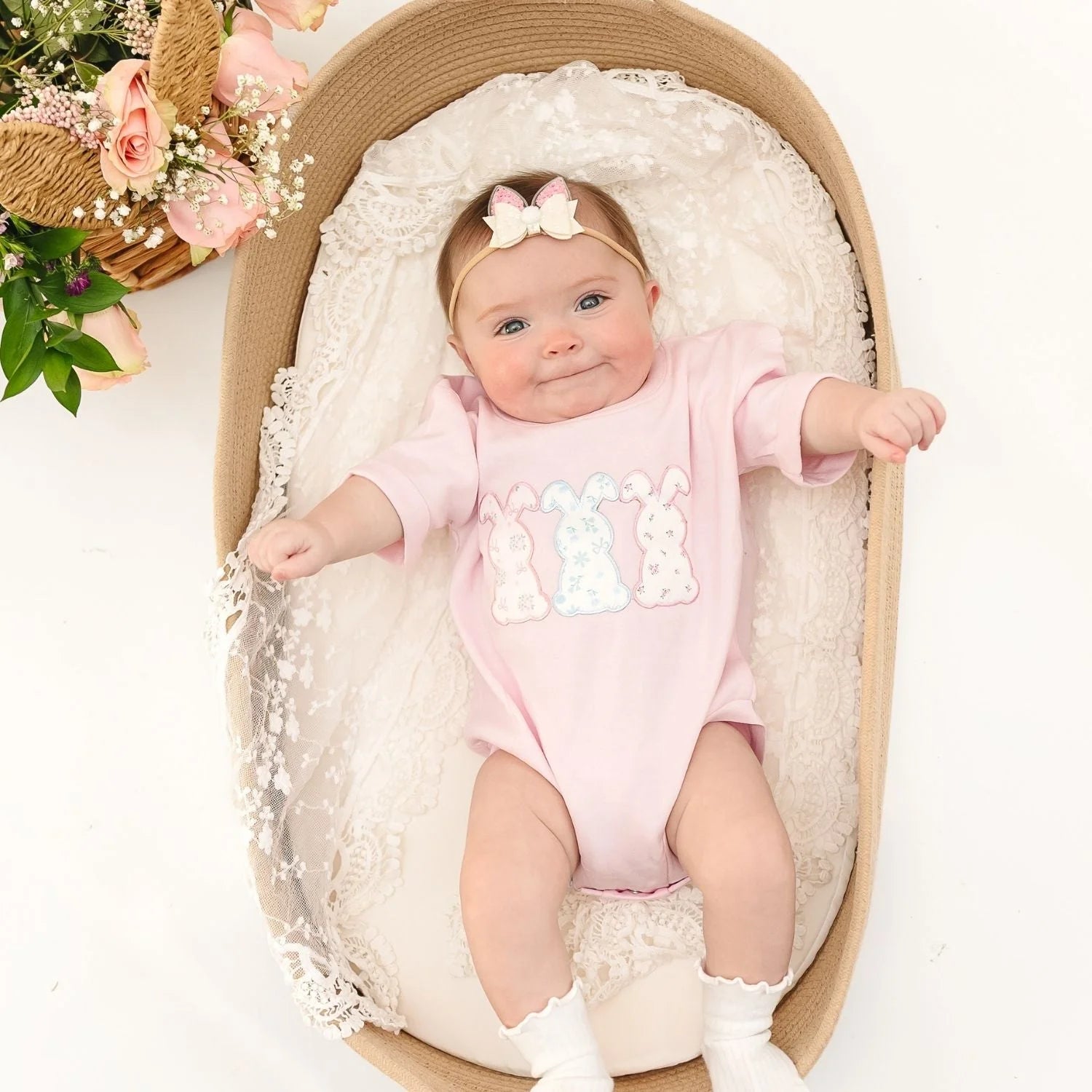 Floral Bunny Patch Easter Short Sleeve Romper - Ballet