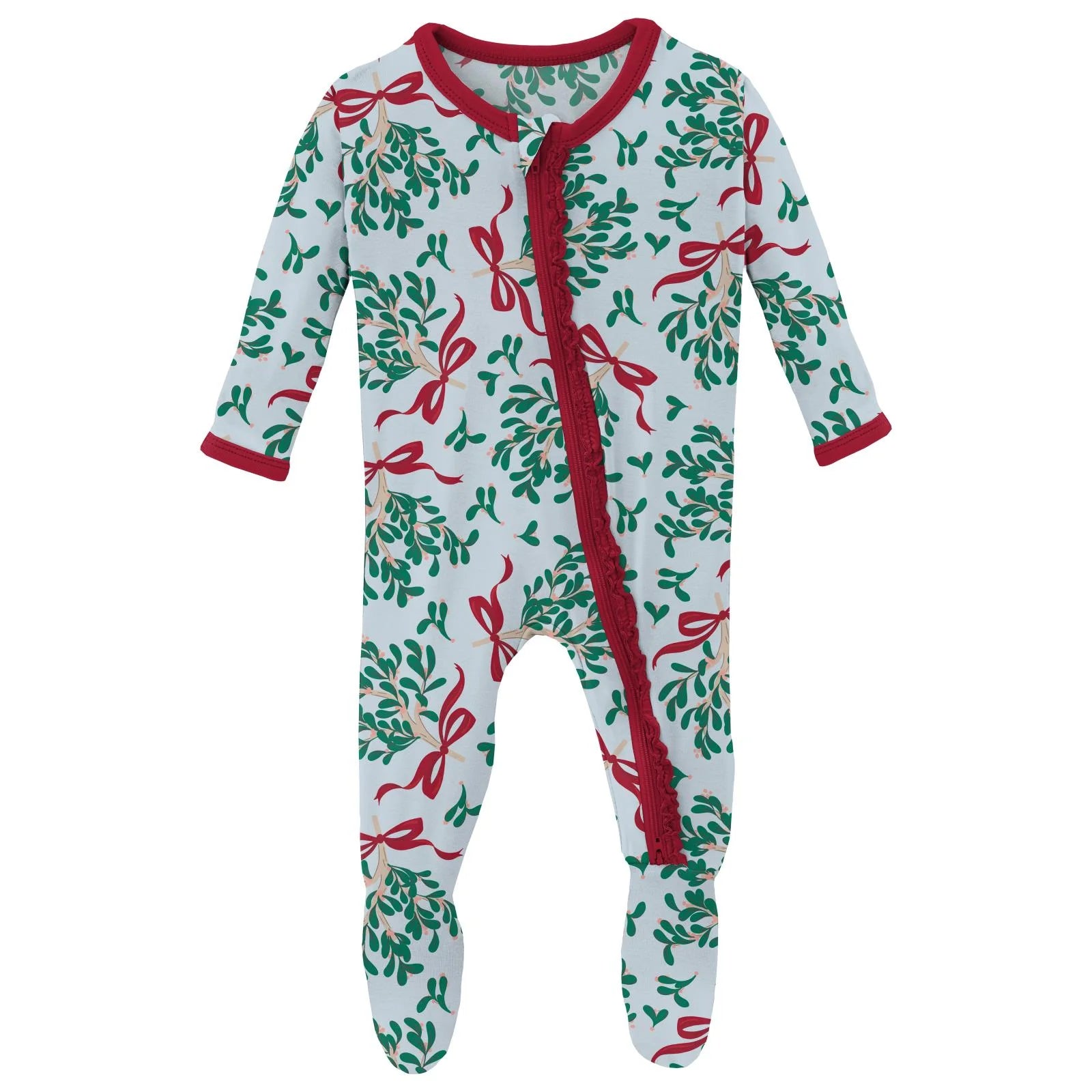 Ruffle Zip Footie Illusion Blue Mistletoe & Ribbons