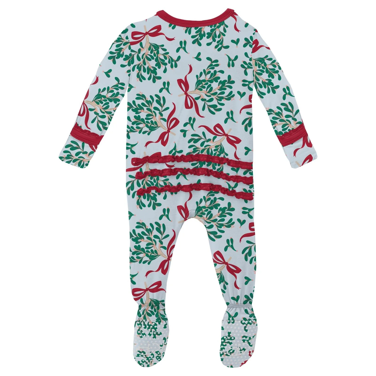 Ruffle Zip Footie Illusion Blue Mistletoe & Ribbons