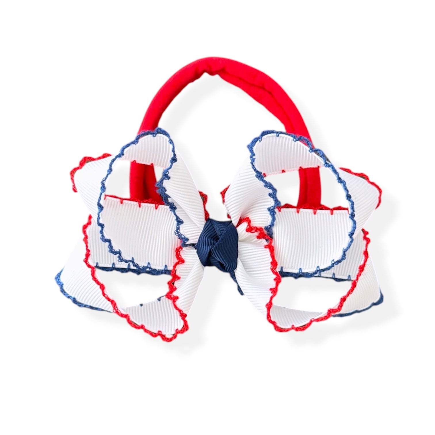 Toddler White Patriotic Moonstitch Bow w/Nylon Headband