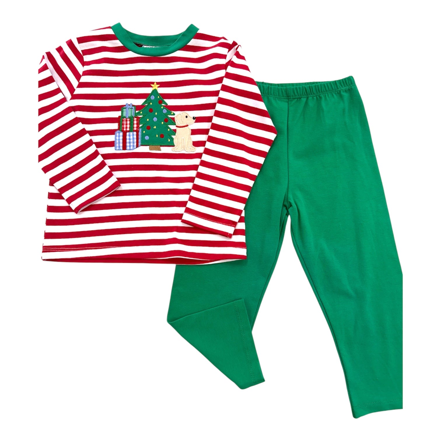 Red Striped Christmas Applique Top & Green Pants