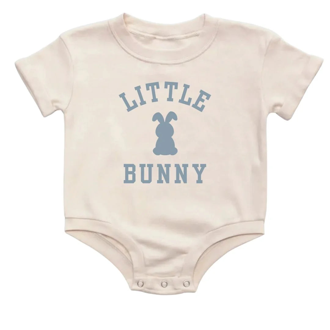 Little Bunny Steel Blue Easter Short Sleeve Romper - Natural