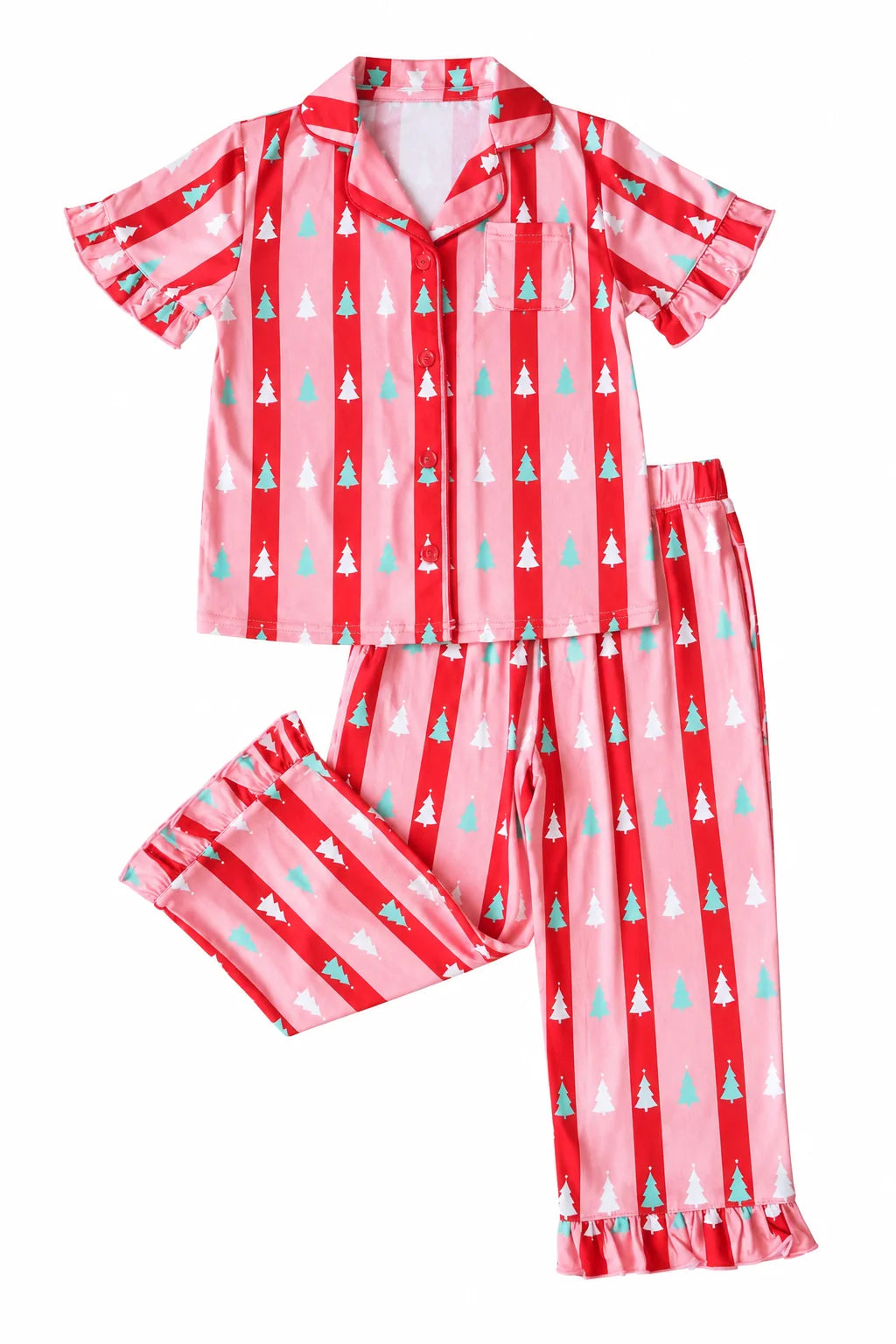 Pink Tree Stripes Ruffle Pant Set