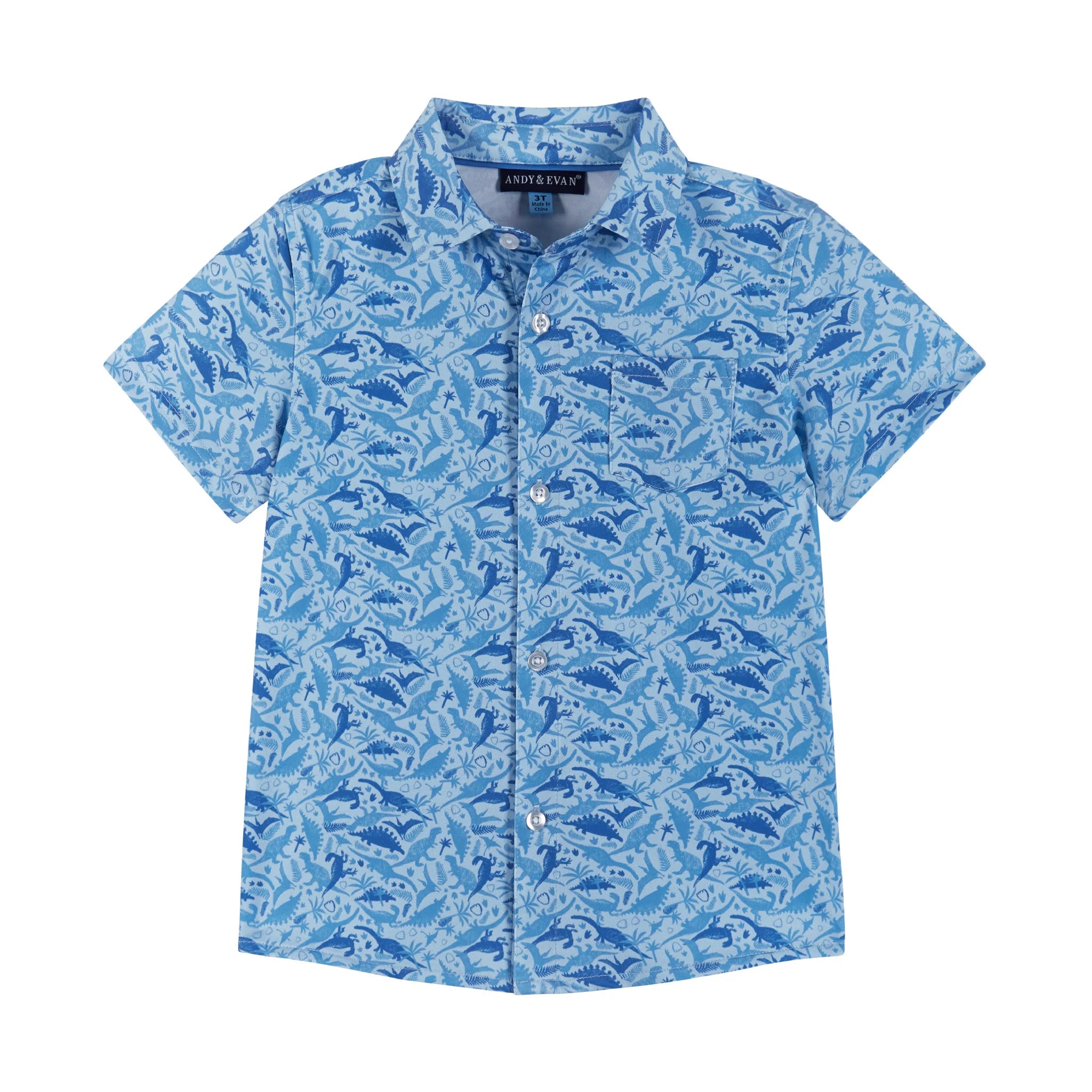 Blue Dino Print SS Buttondown Shirt