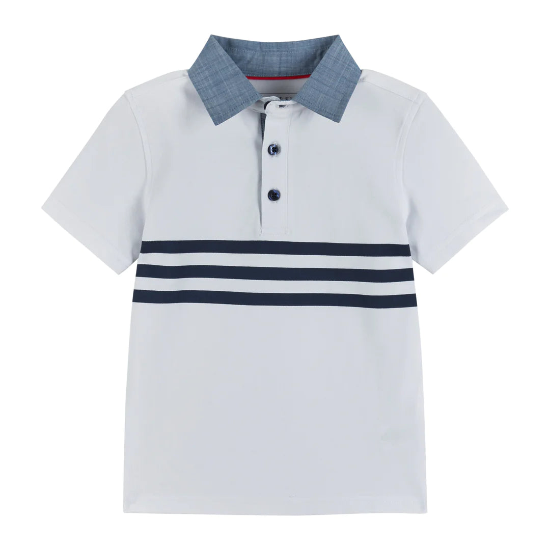 Blue Collared White Pique Polo Shirt