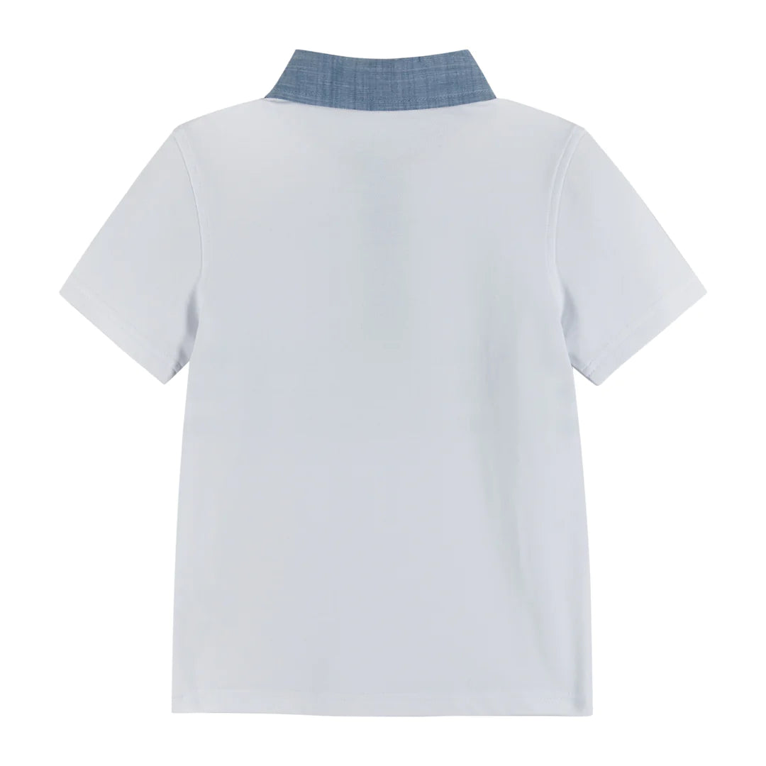 Blue Collared White Pique Polo Shirt