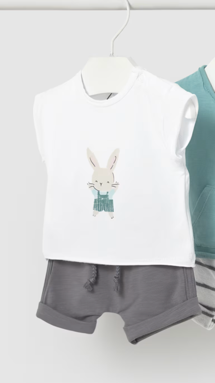 White Bunny Tee & Charcoal Drawstring Shorts