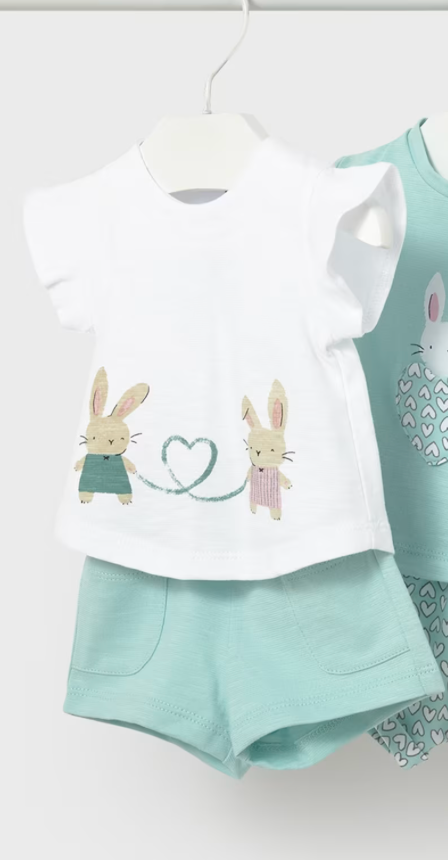 Bunny Love White Tee & Green Pocket Shorts