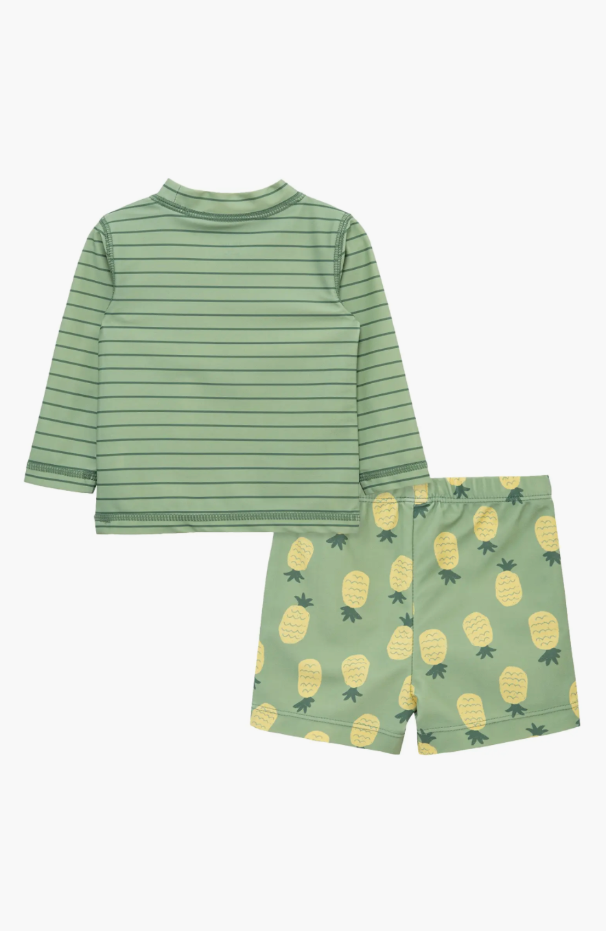 Green Stripe Pineapple Rashguard & Trunks Swim Set
