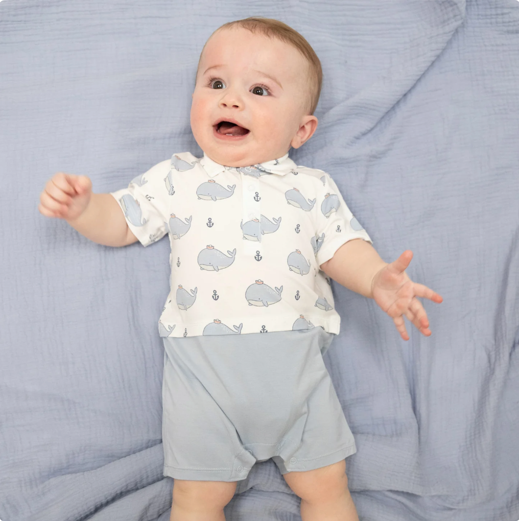 Blue Bubbly Sailor Whales Collared Short Sunsuit