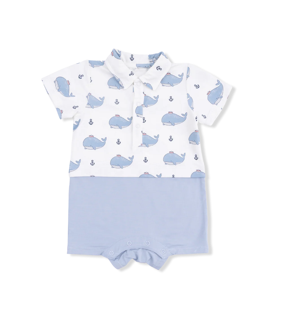 Blue Bubbly Sailor Whales Collared Short Sunsuit