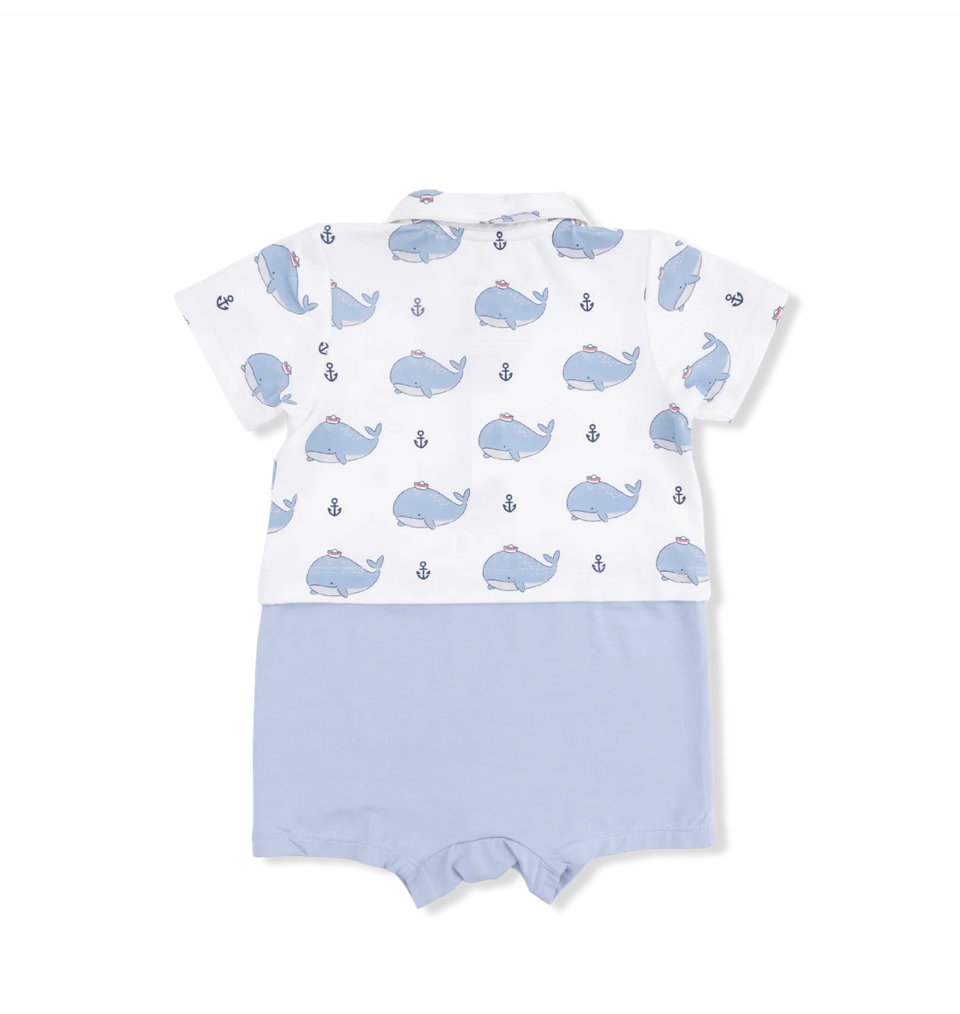 Blue Bubbly Sailor Whales Collared Short Sunsuit