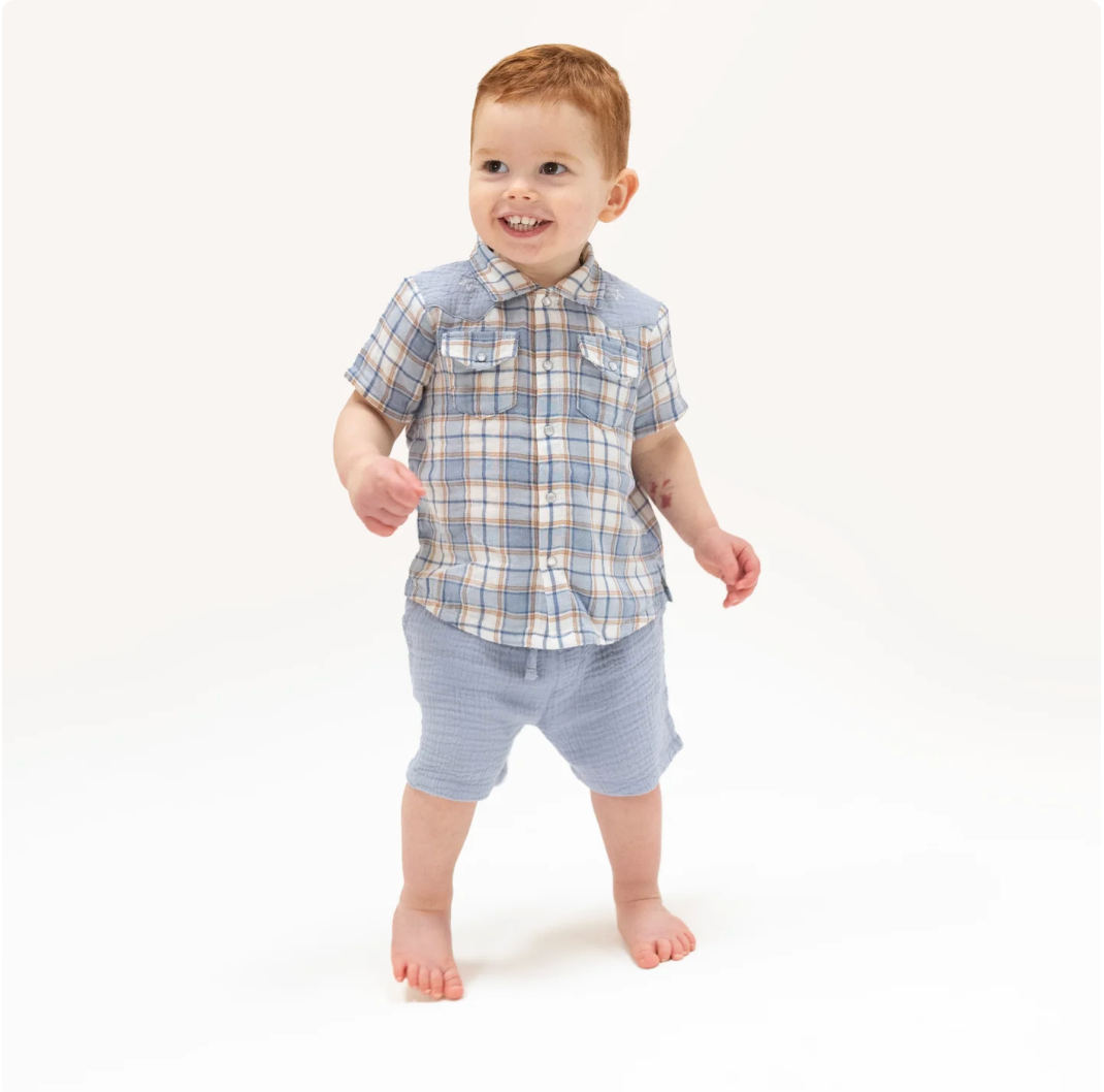 Western Plaid SS Pearl Snap Shirt & Shorts