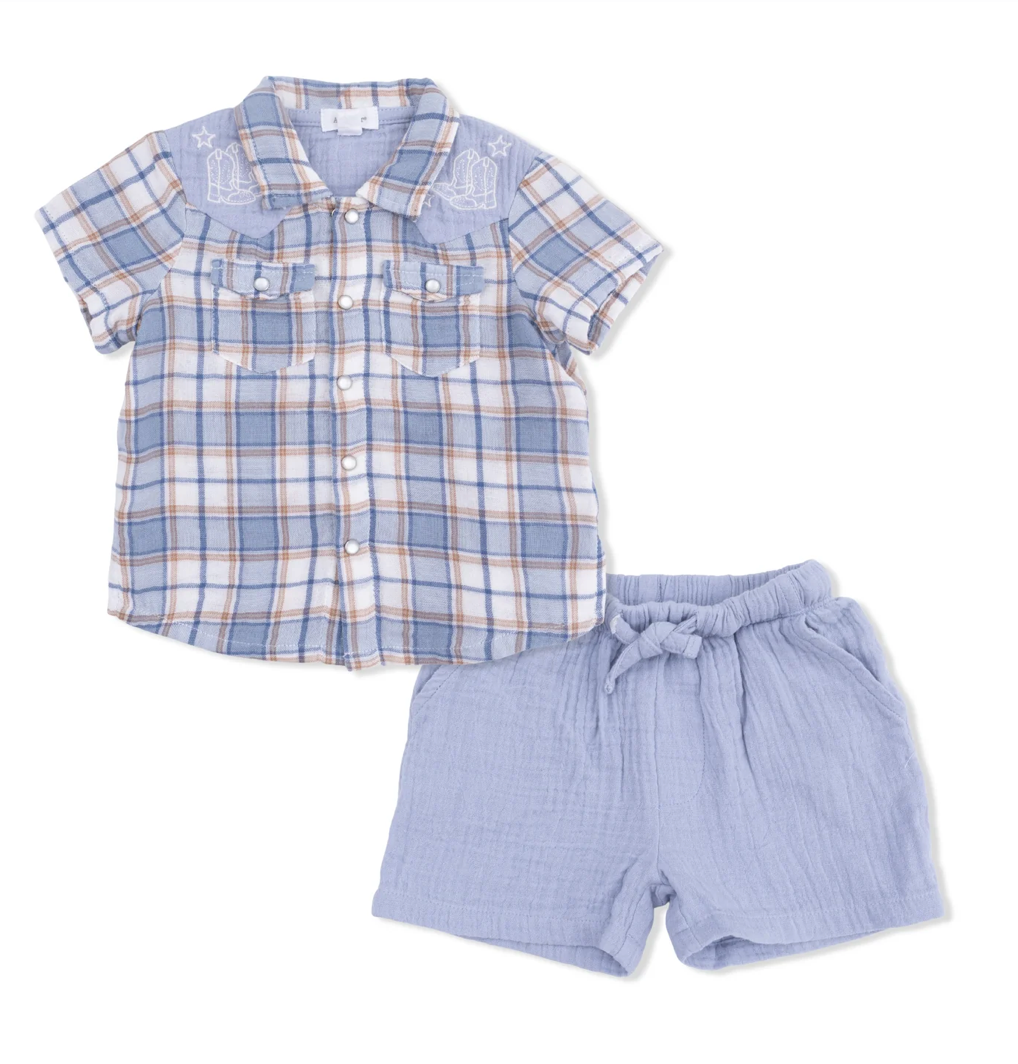 Western Plaid SS Pearl Snap Shirt & Shorts