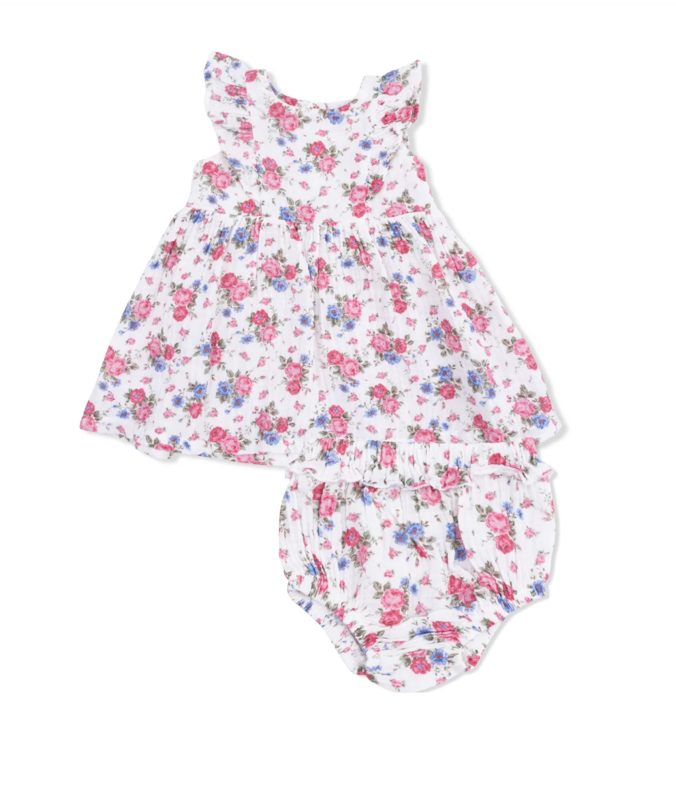 Pink Cabbage Roses Ruffle Sleeve Dress & Bloomer