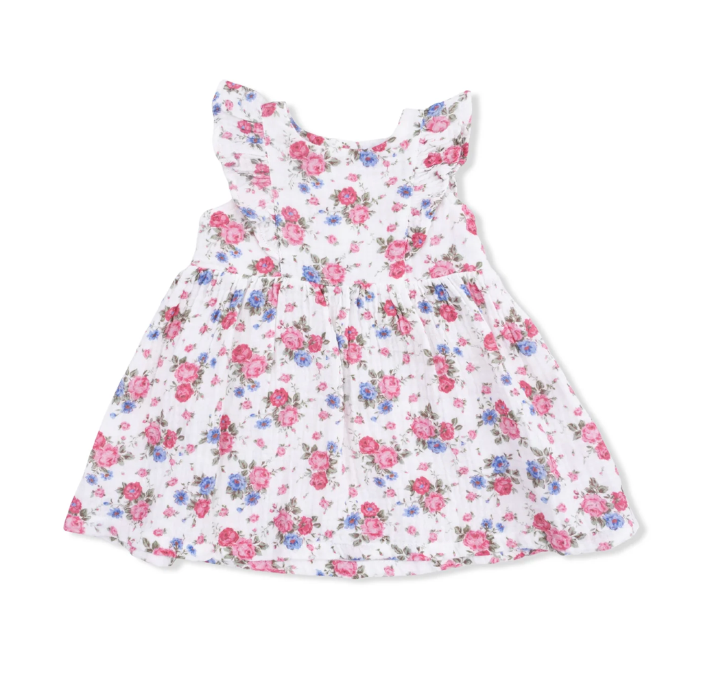 Pink Cabbage Roses Ruffle Sleeve Dress & Bloomer