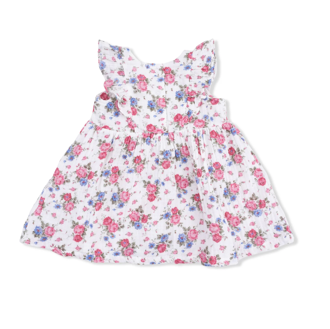 Pink Cabbage Roses Ruffle Sleeve Dress & Bloomer