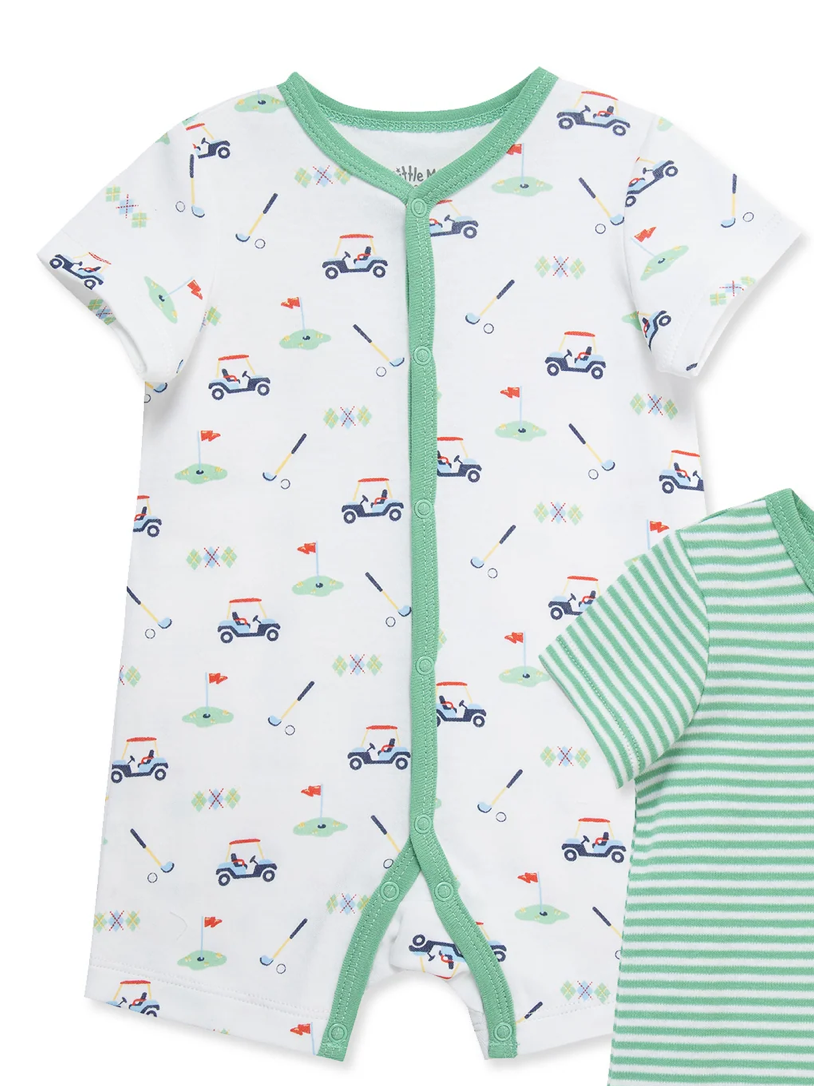 Golf Print Snap Romper w Green Trim