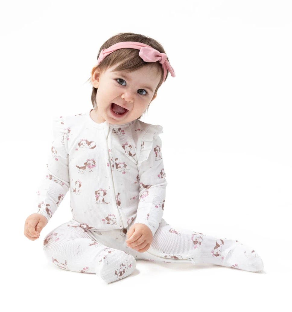 Pink Explorer Puppy Ruffle Sleeve Zipper Footie