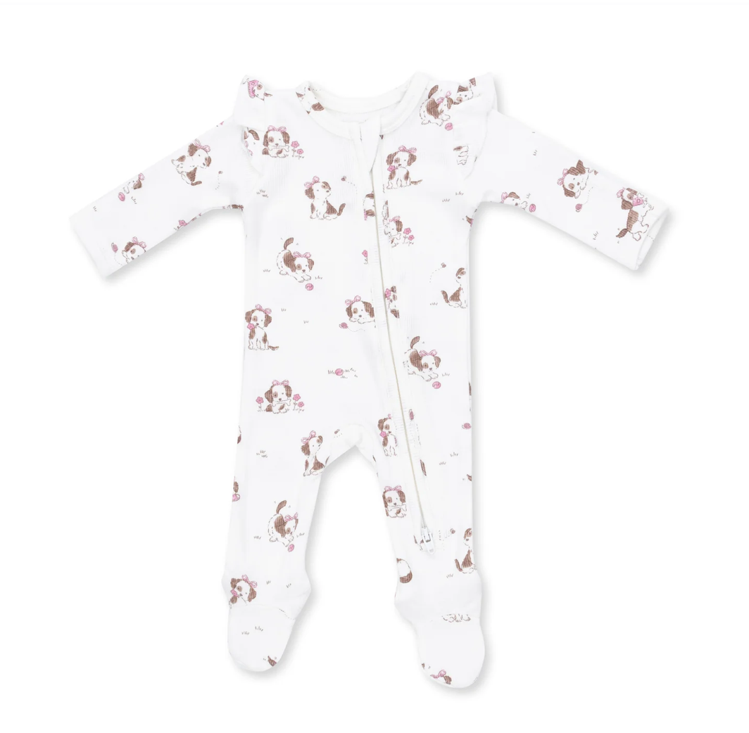 Pink Explorer Puppy Ruffle Sleeve Zipper Footie