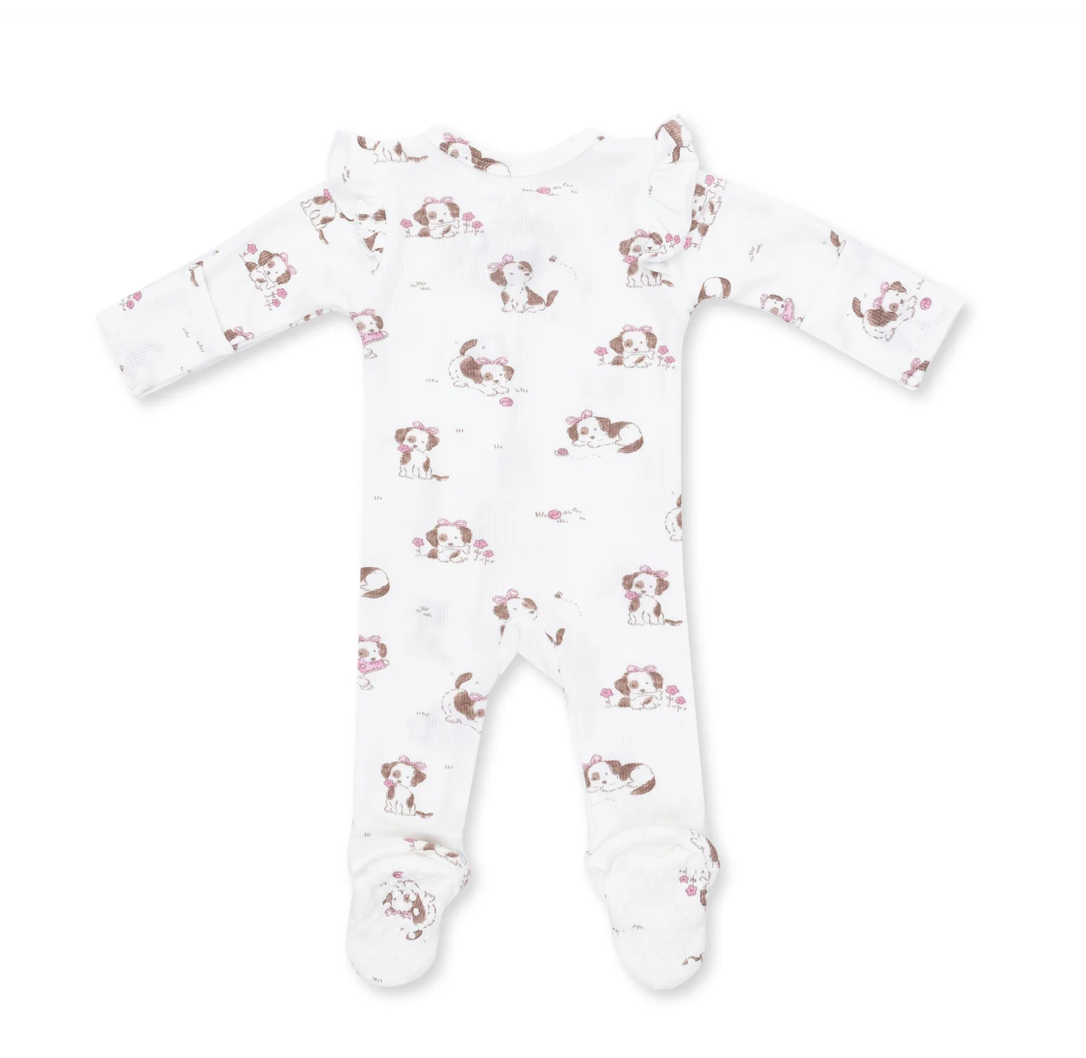 Pink Explorer Puppy Ruffle Sleeve Zipper Footie
