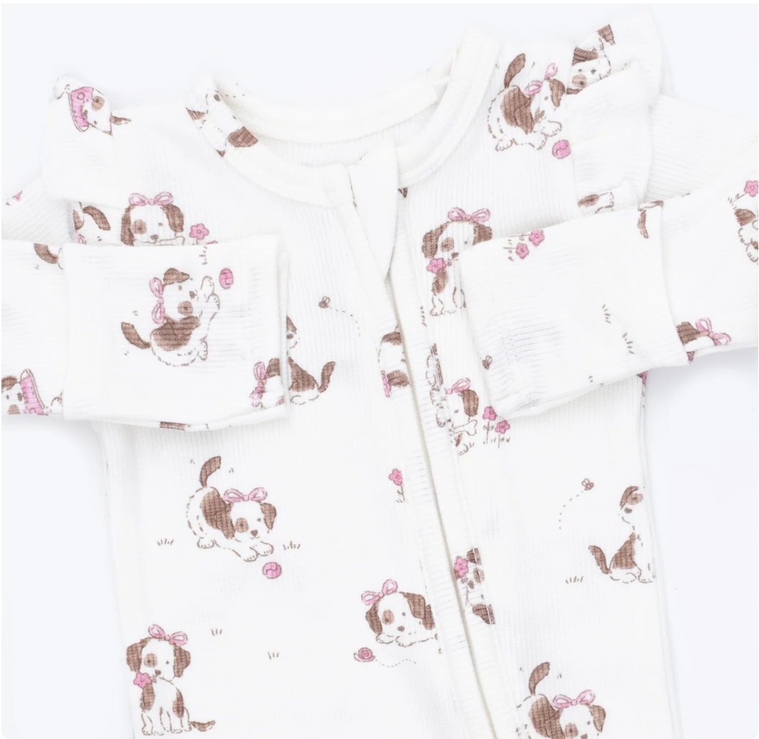 Pink Explorer Puppy Ruffle Sleeve Zipper Footie
