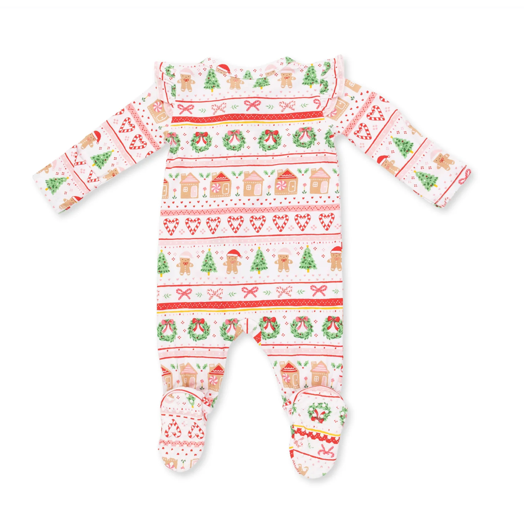 Pink Gingerbread Fair Isle Ruffle Sleeve Footie