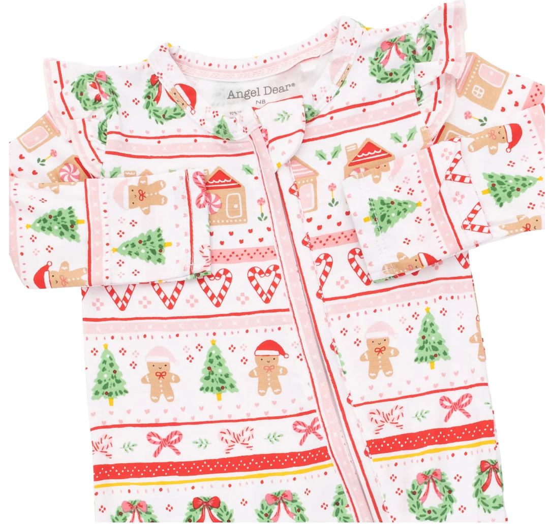Pink Gingerbread Fair Isle Ruffle Sleeve Footie