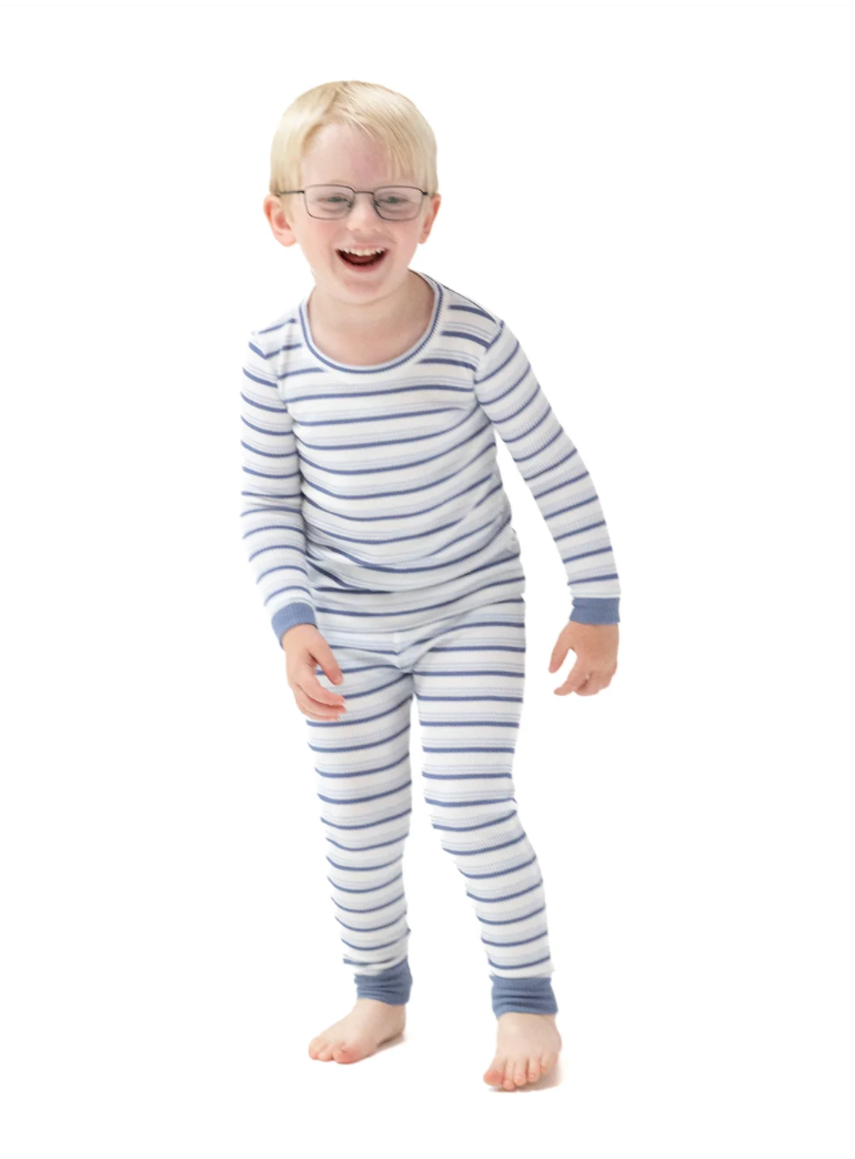 Blue Vintage Stripe Waffle Knit LS PJ Set