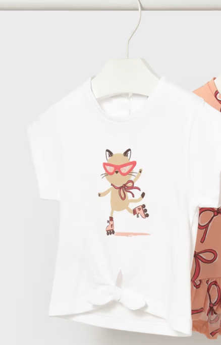 White Rollerskating Cat Tee & Flamingo Shorts