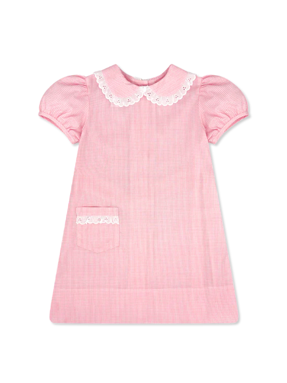 Polite Pink Mini Gingham Dress w Eyelet Collar