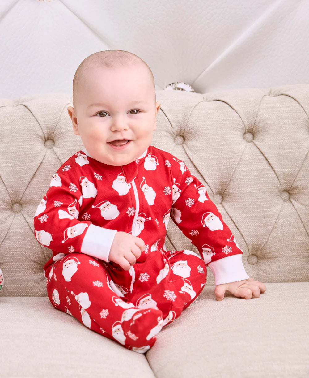 Red Smiling Santas Print Zip Footie