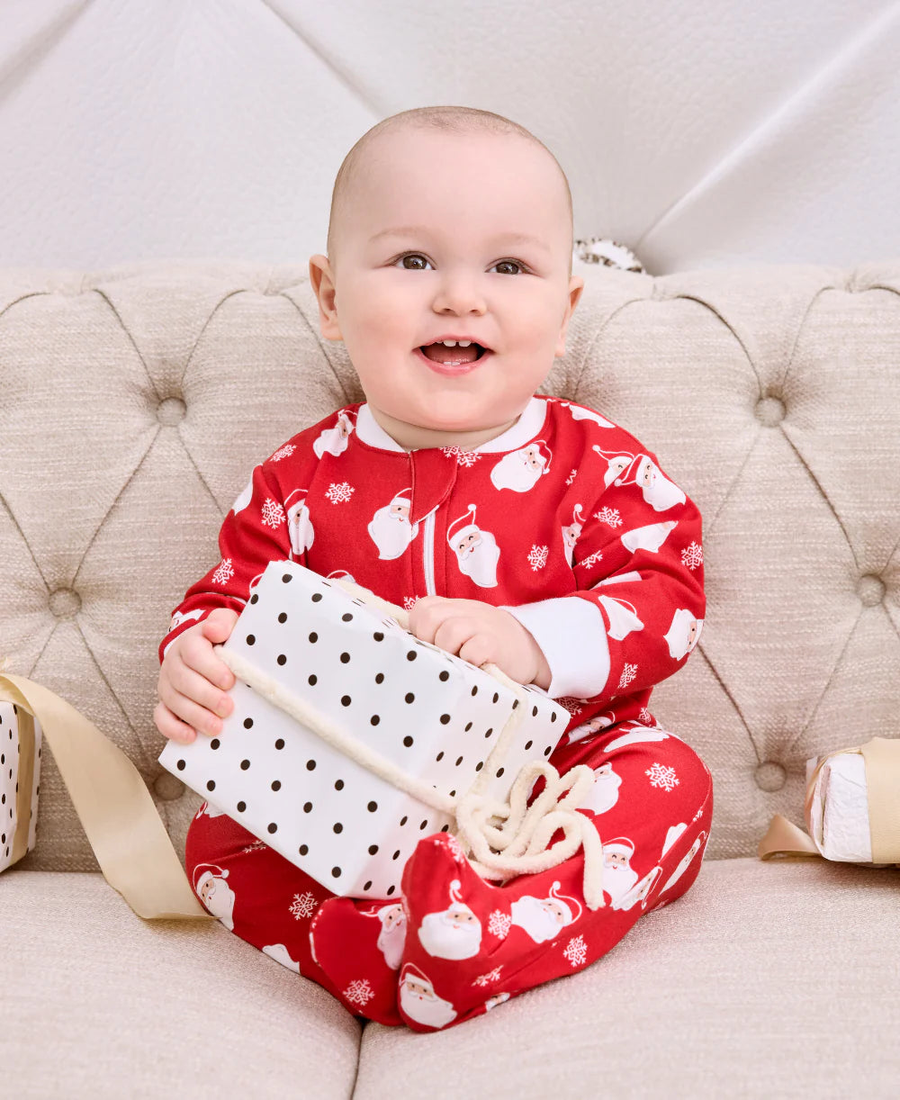 Red Smiling Santas Print Zip Footie