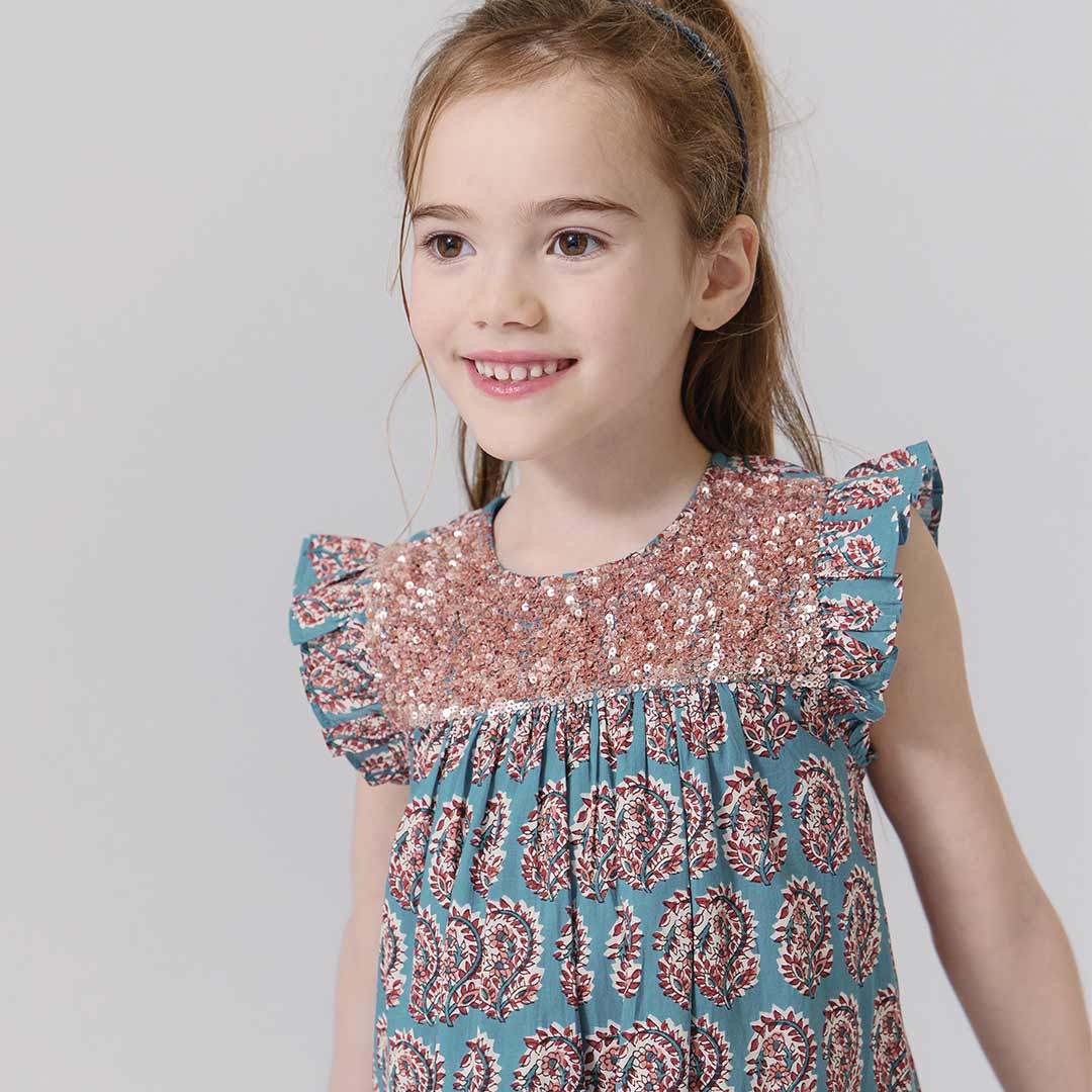 Fiona Ruffle Dress Blue Paisley