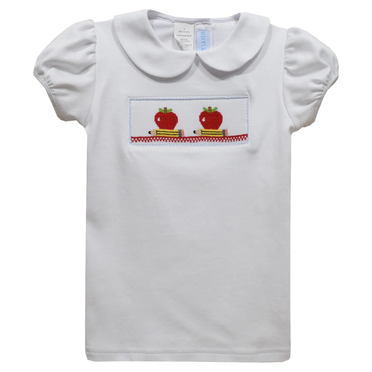 White Collared Blouse w Smocked Apples & Pencils