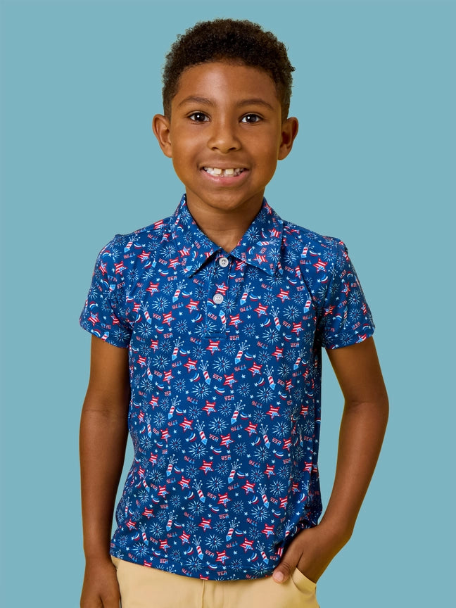 Boys Red White & Boom Fireworks Knit Short Sleeve Performance Polo