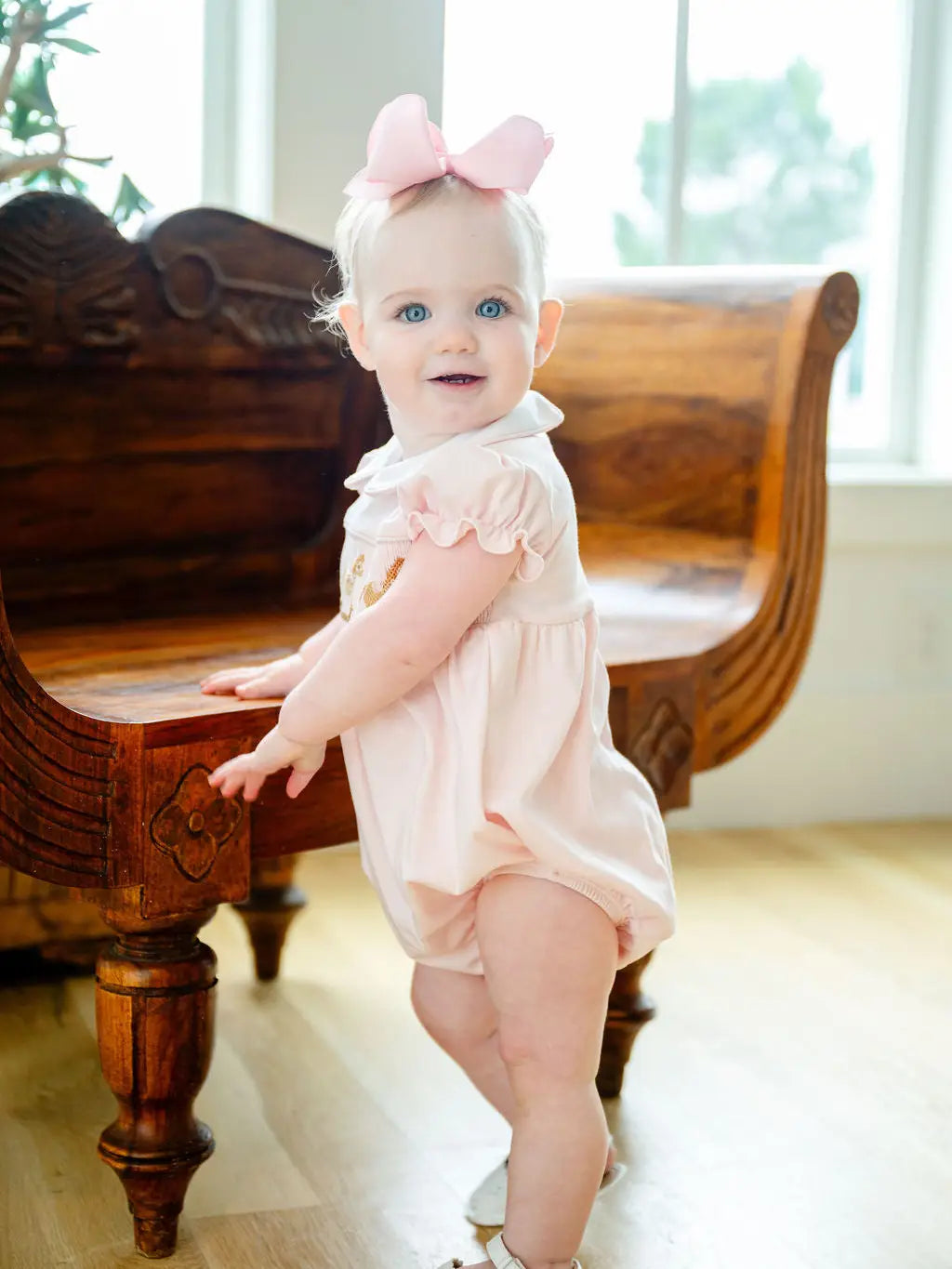 Pink Rocking Horses Smocked Pima Cotton Bubble