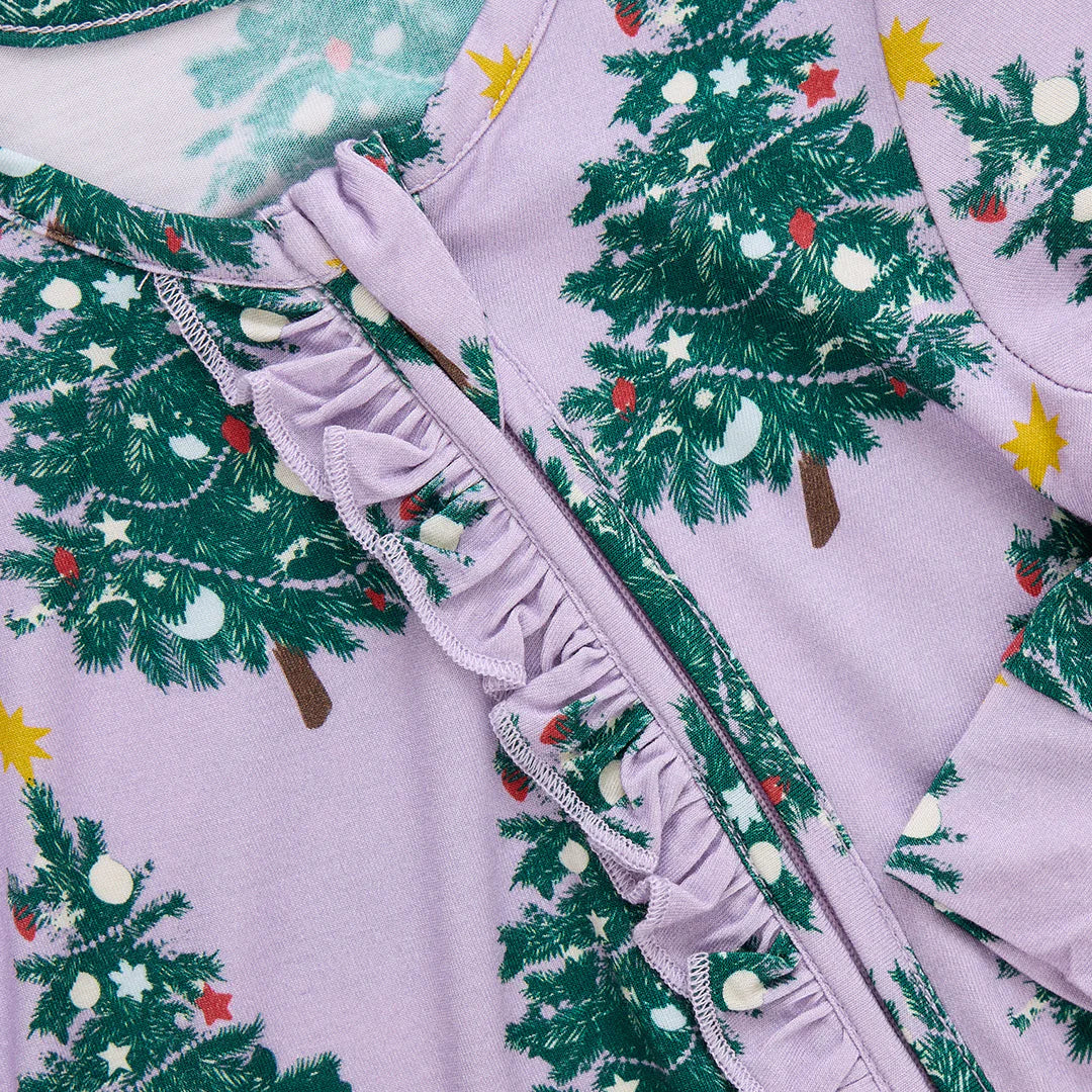 Bamboo Ruffle Romper Purple Flocked Trees