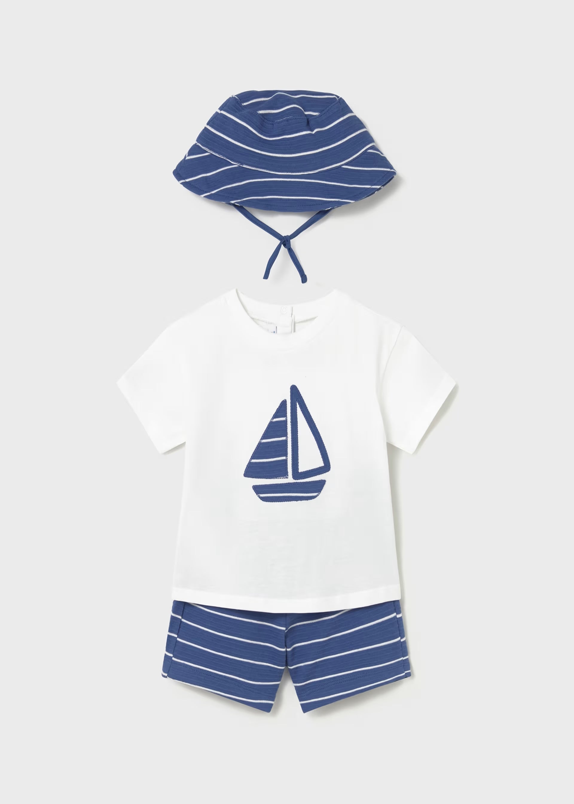 Dark Blue Sailboat Tee & Striped Shorts w Bucket Hat