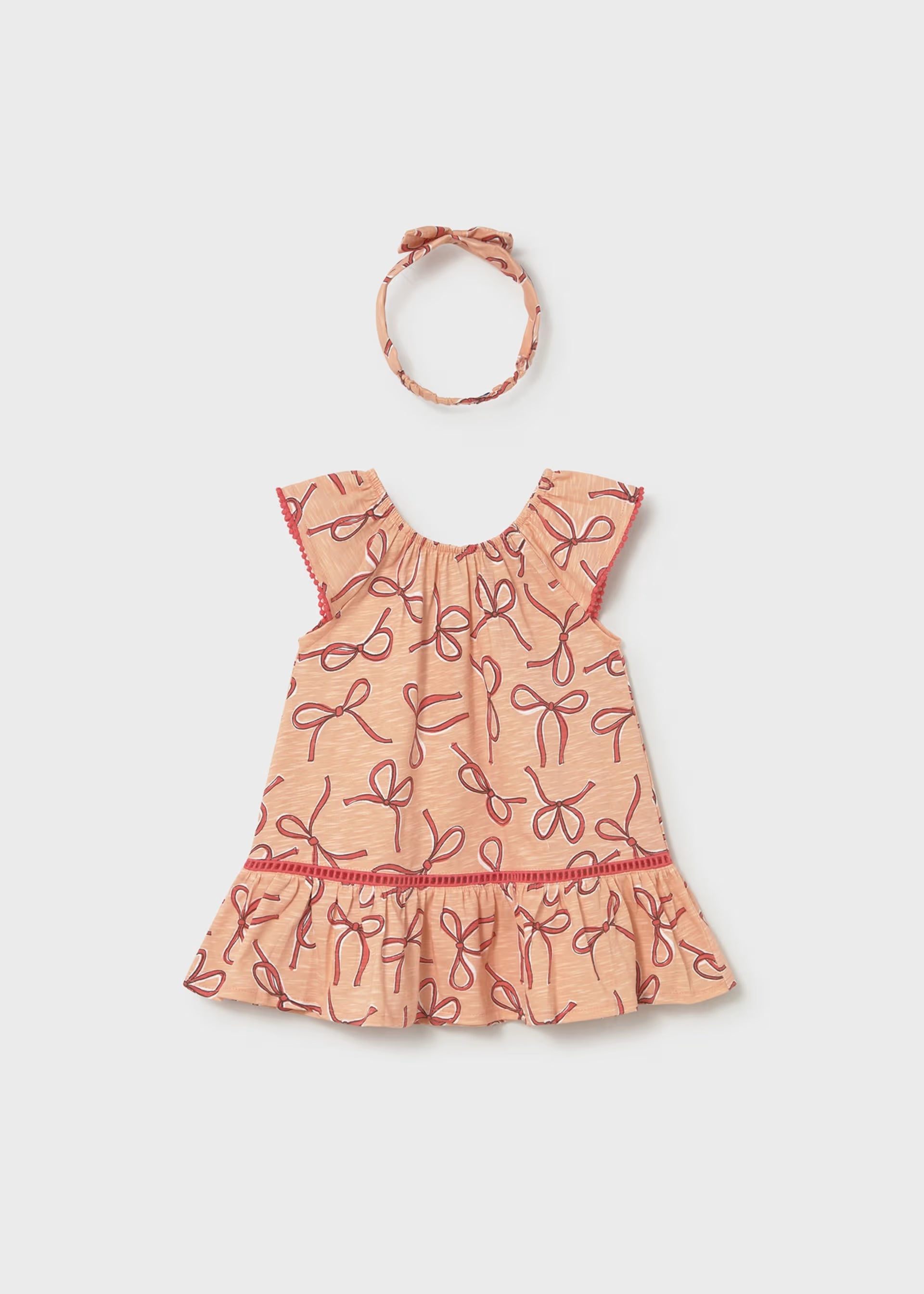 Peach Red Bow Print Drop Waist Dress & Headband