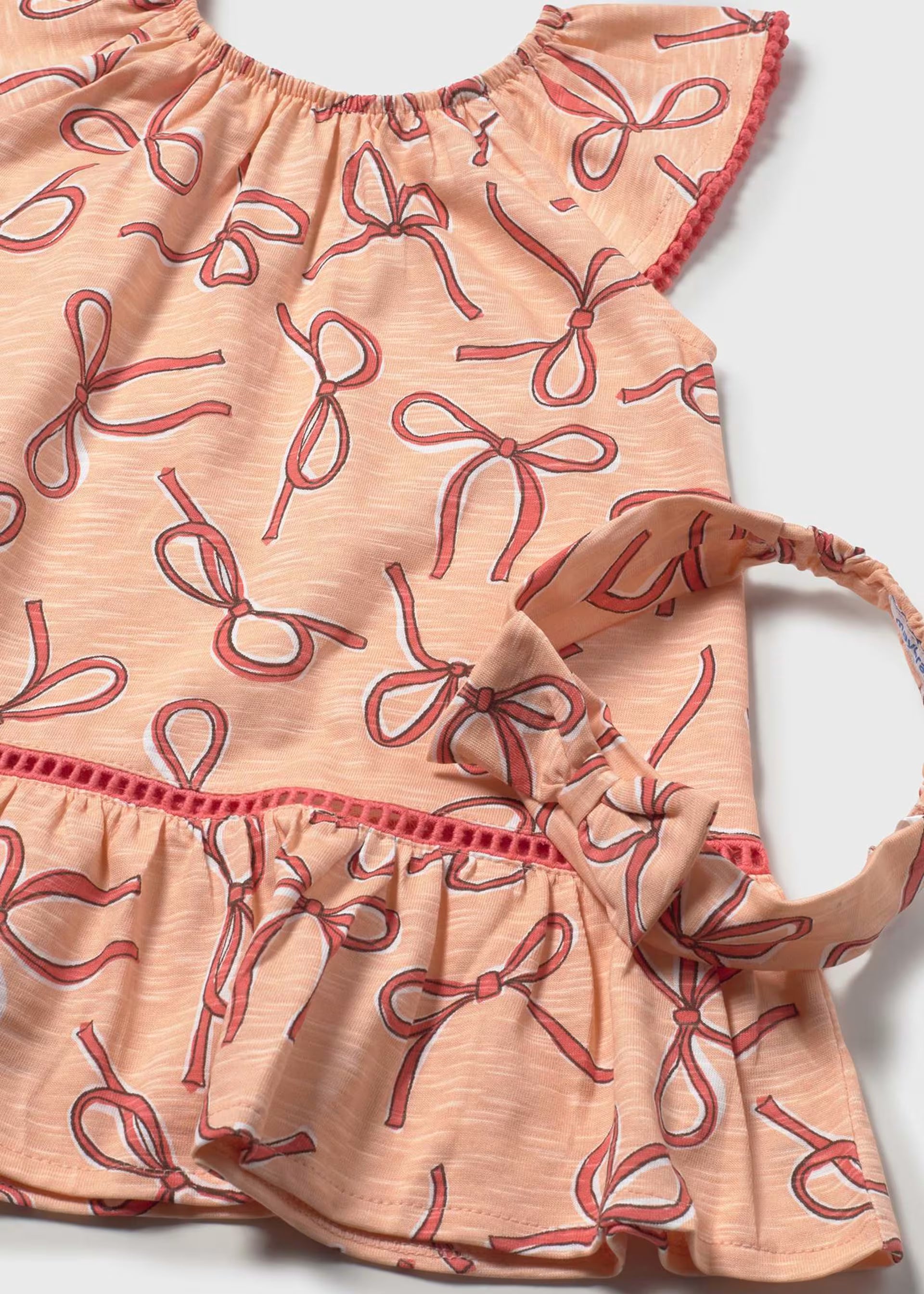 Peach Red Bow Print Drop Waist Dress & Headband