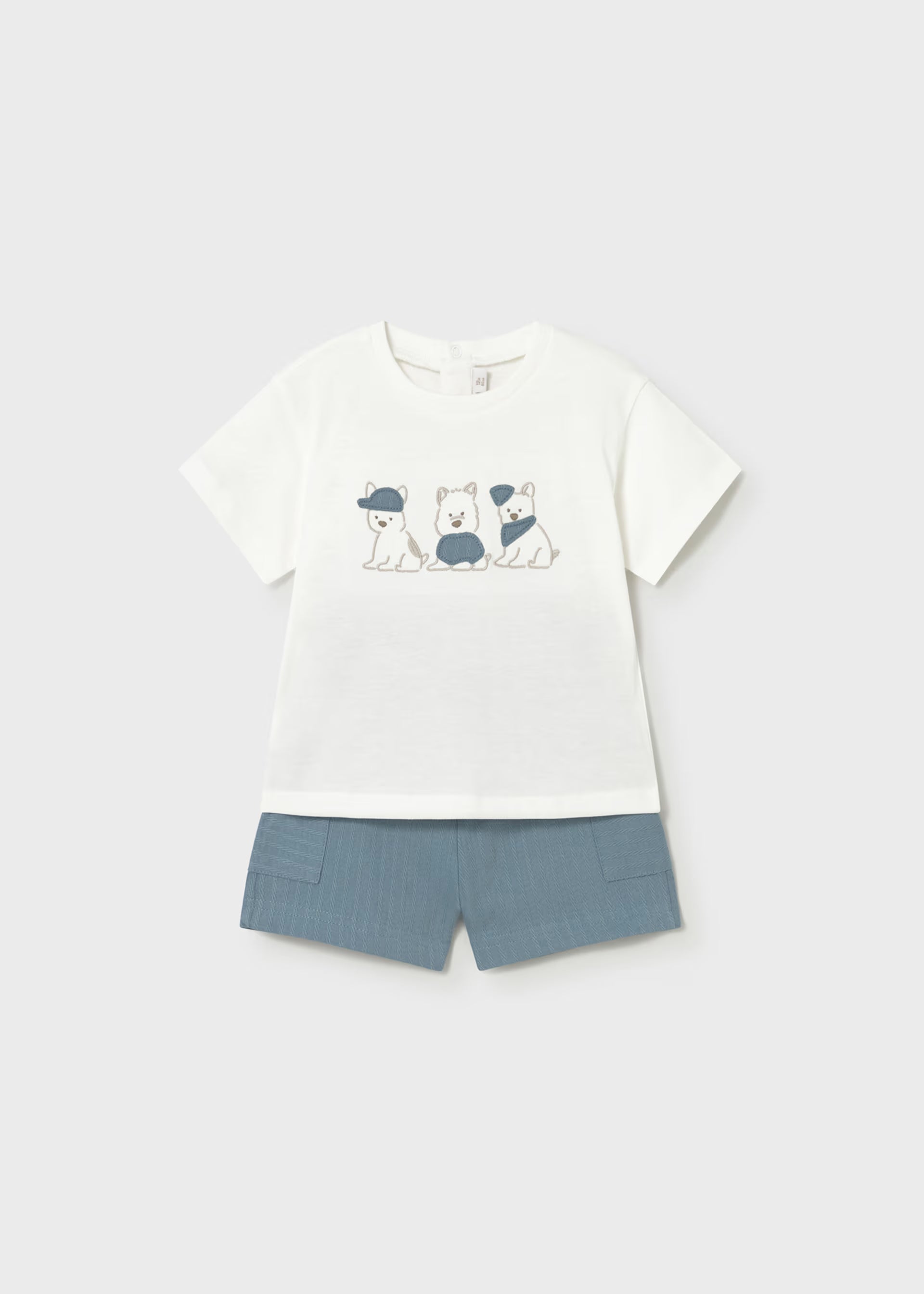 Three Pups White Tee & Blue Shorts