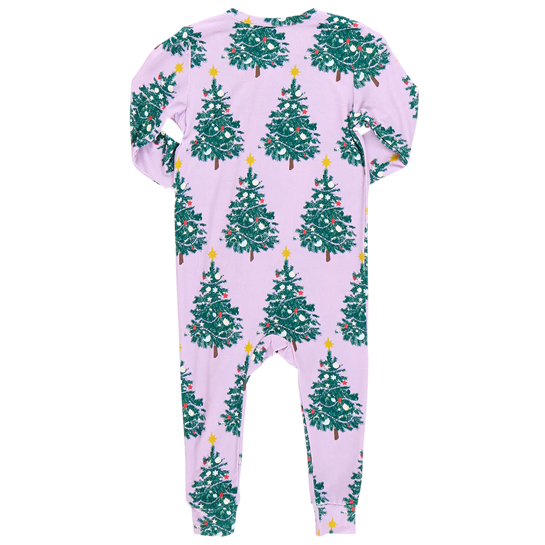 Bamboo Ruffle Romper Purple Flocked Trees
