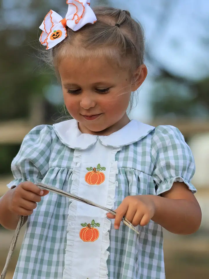 Pumpkin Applique Green Plaid Dress