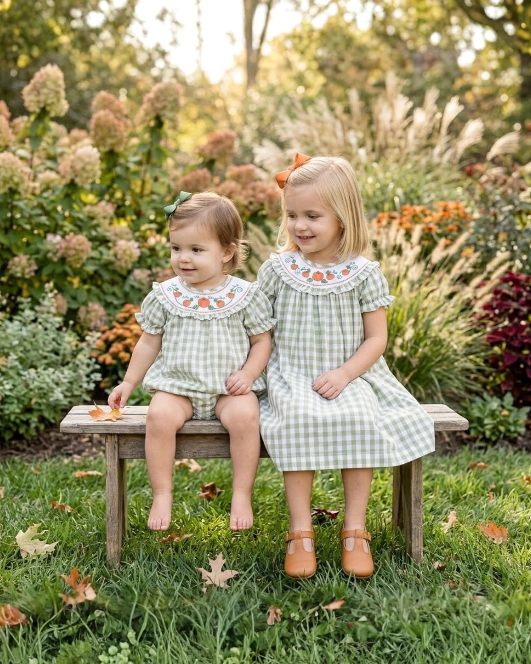 Sage Green Gingham Pumpkin Smocked Bishop Dress