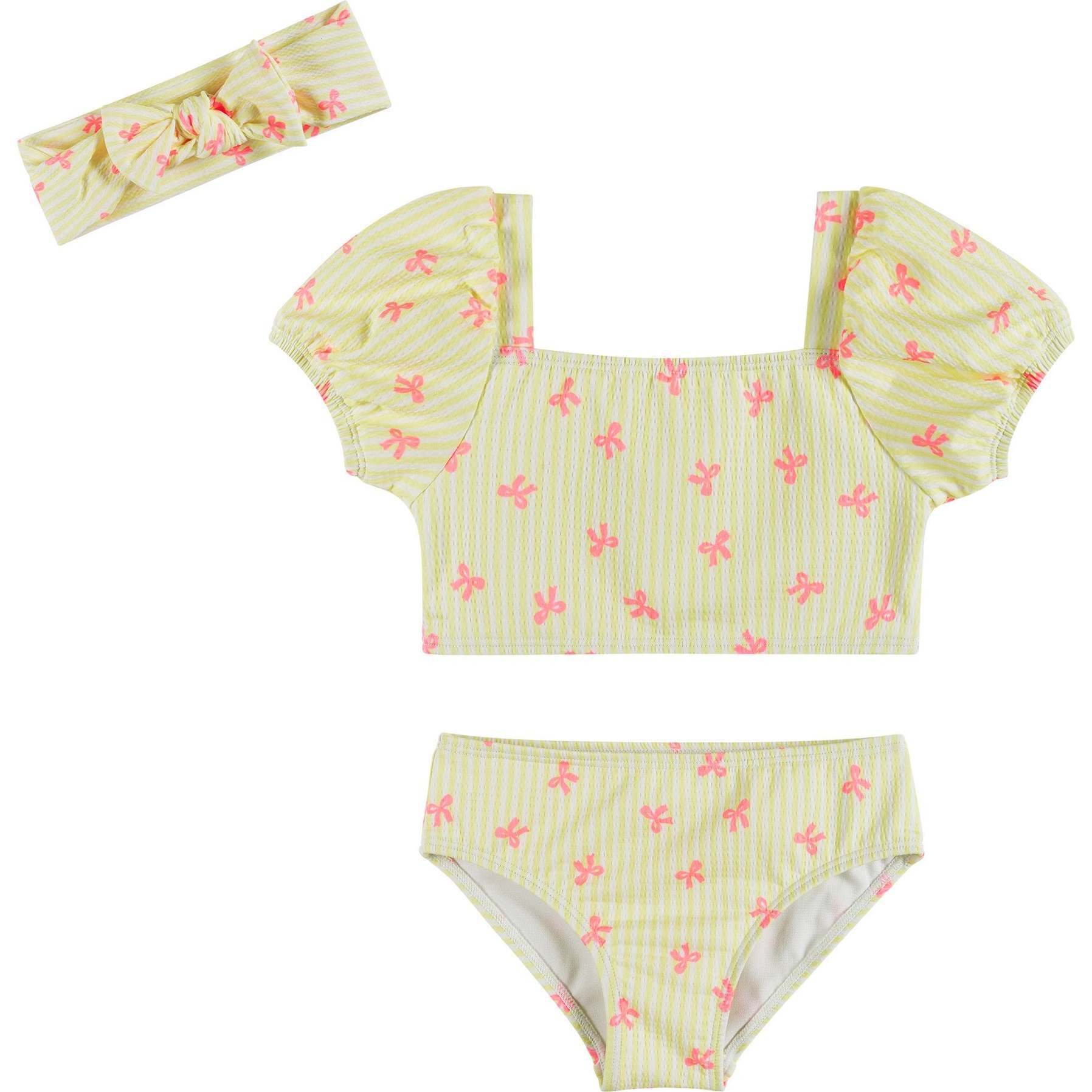 Yellow Stripe Puff Sleeve Tankini with Headband