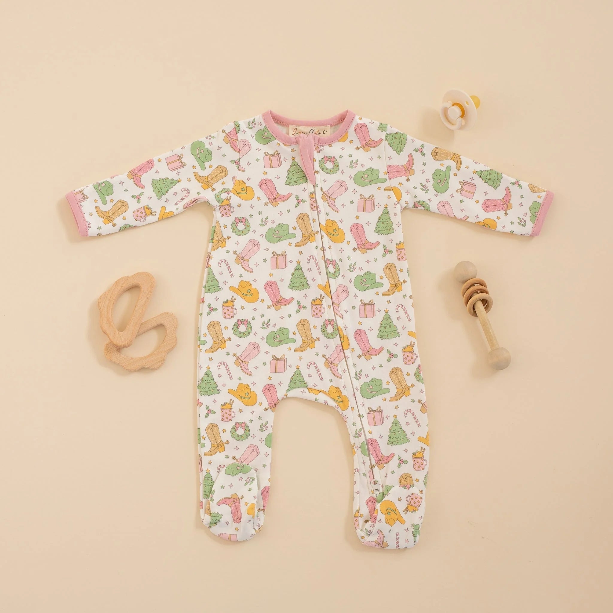 Dusty Rose Cowboy Christmas Zip Footie
