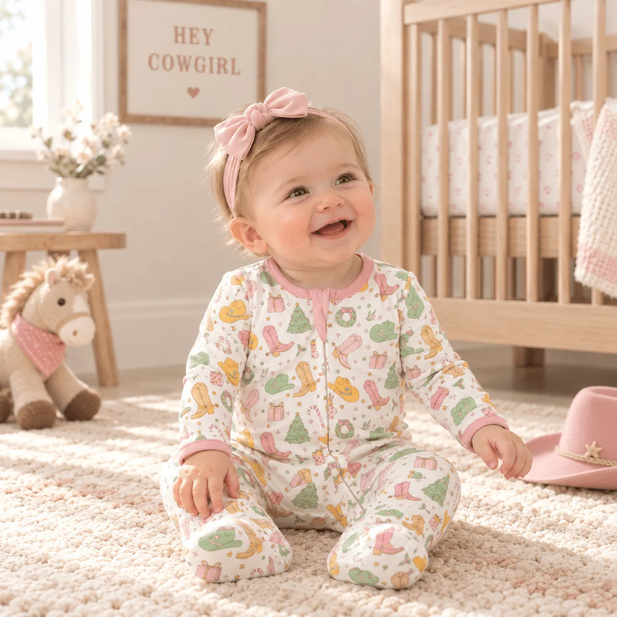 Dusty Rose Cowboy Christmas Zip Footie