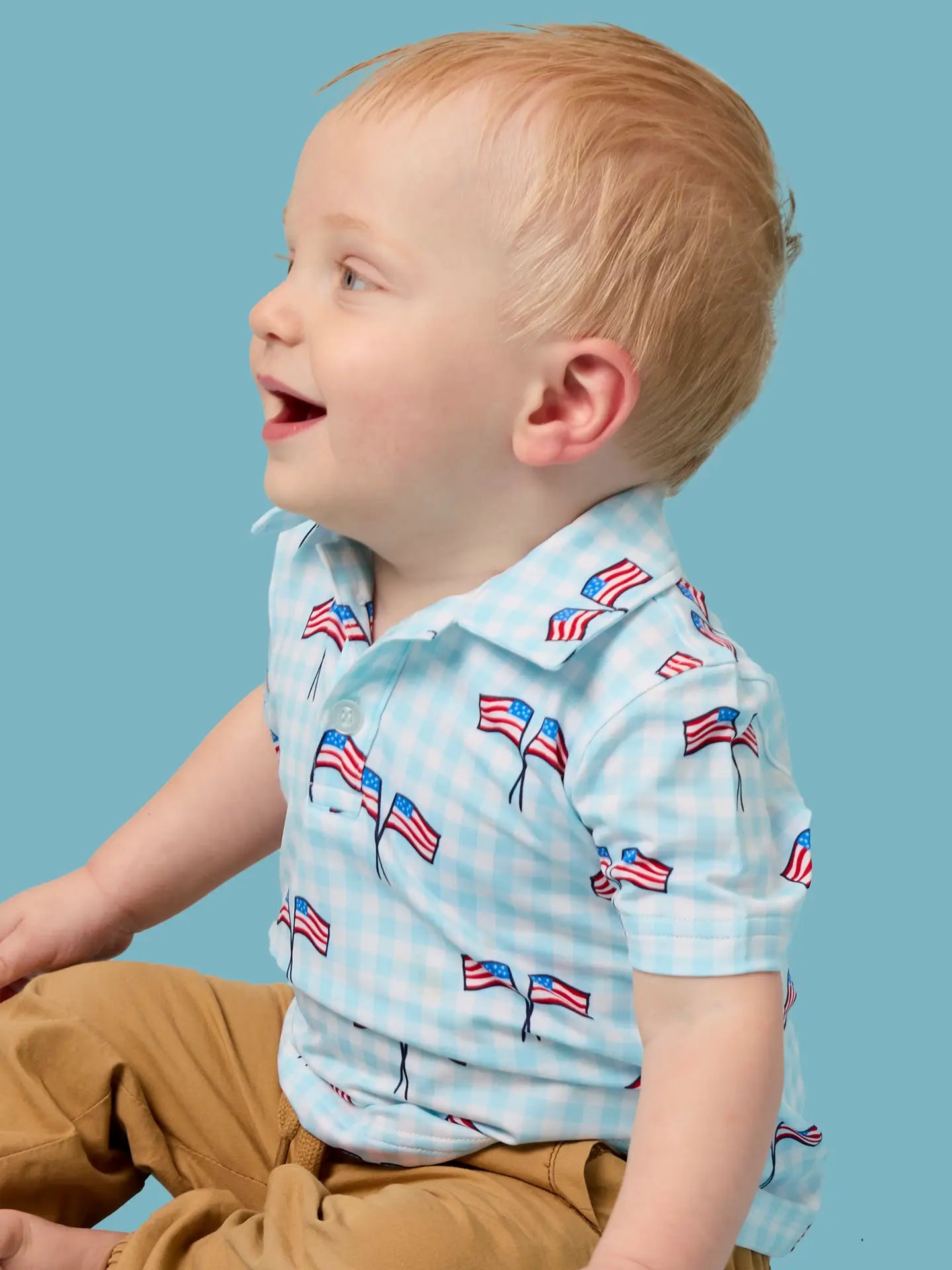 Boys Blue Patriotic Gingham Knit Short Sleeve Performance Polo